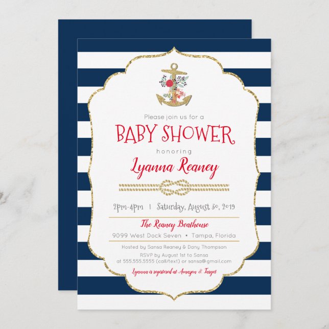 Nautical Floral Anchor Navy Blue Red Baby Shower Invitation (Front/Back)