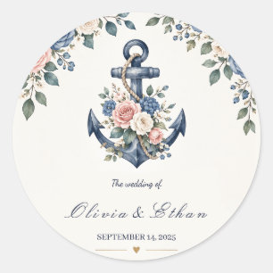 Nautical Floral Anchor Watercolor Wedding Classic Round Sticker