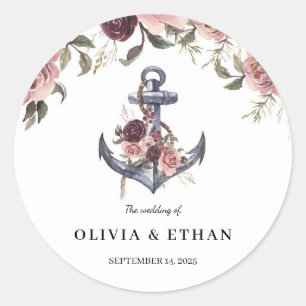 Nautical Floral Anchor Watercolor Wedding Classic Round Sticker