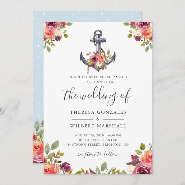 Nautical Floral Anchor Watercolor Wedding Knot Invitation (Front/Back)