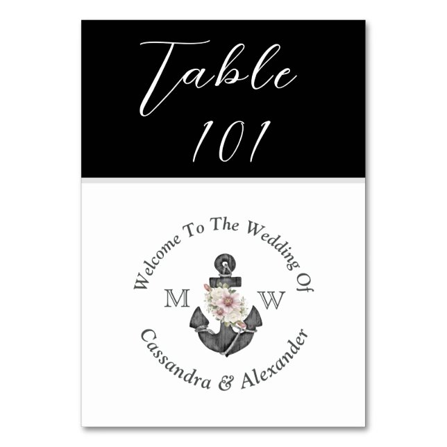Nautical Floral Anchor Wedding Black and White Table Number (Front)