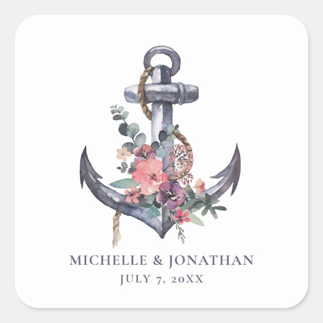 Nautical Floral Anchor Wedding Gift Favour Bag Square Sticker (Front)