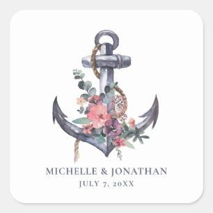 Nautical Floral Anchor Wedding Gift Favour Bag Square Sticker