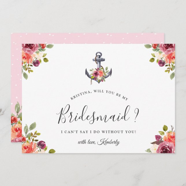 Nautical Floral Anchor Will You Be My Bridesmaid Invitation (Front/Back)