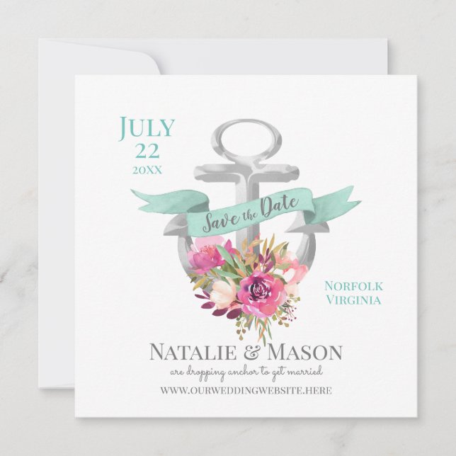Nautical Floral Anchor with Ribbon Save the Date (Front)