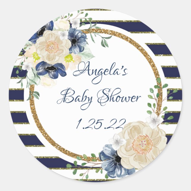 Nautical Floral Navy & Gold Personalised Shower Classic Round Sticker (Front)