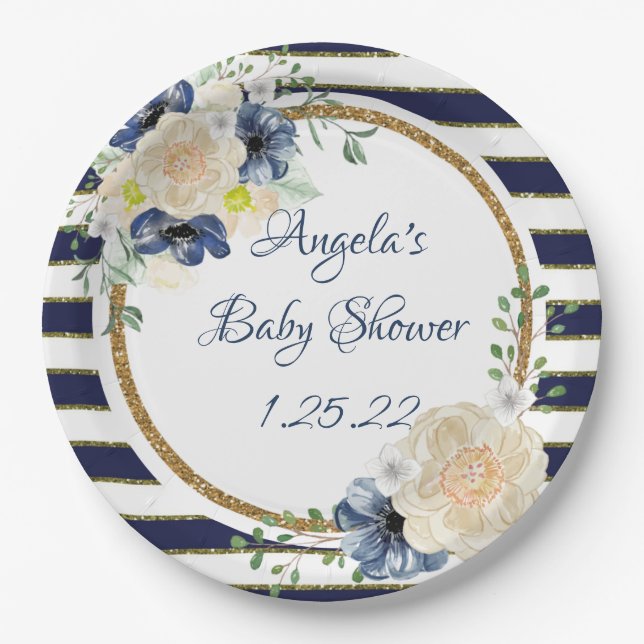 Nautical Floral Navy & Gold Personalised Shower Paper Plate (Front)