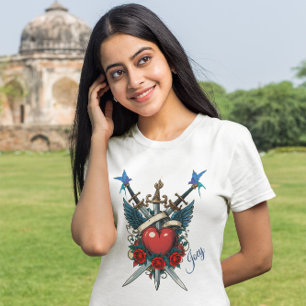 Nautical Floral Red Heart Blue T-Shirt