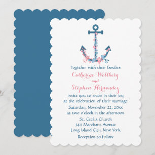 Nautical Floral Ship Anchor Blue And Pink Flowers Invitation