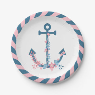 Nautical Floral Ship Anchor Pink Blue Flowers Rope Paper Plate