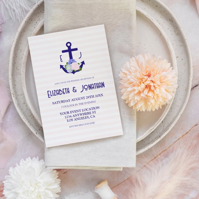 Nautical Floral Stripes Wedding Reception Invitation (Creator Uploaded)