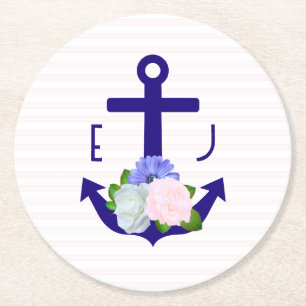 Nautical Floral Stripes Wedding Round Paper Coaster