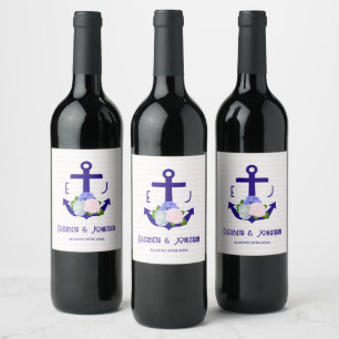 Nautical Floral Stripes Wedding Wine Label