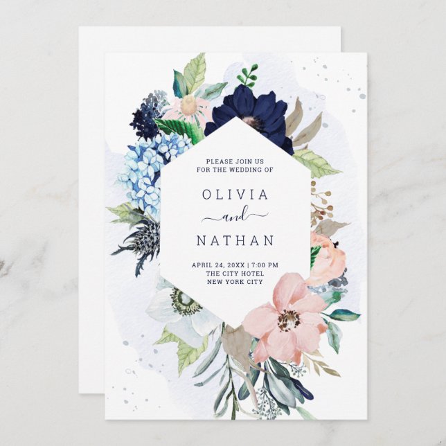 Nautical Flowers Navy Blue and Blush Pink Wedding Invitation (Front/Back)