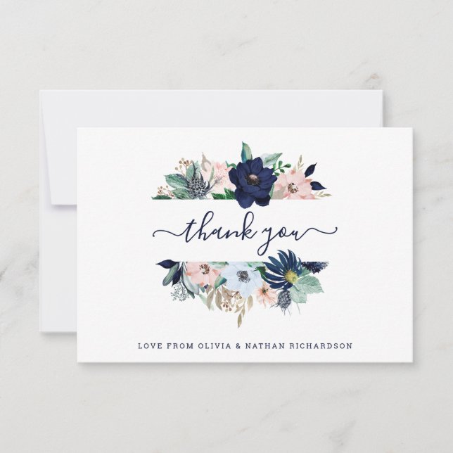 Nautical Flowers Navy Blue and Blush Pink Wedding Thank You Card (Front)