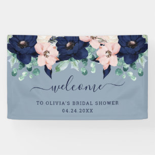 Nautical Flowers Navy Blue and Blush Pink Welcome Banner