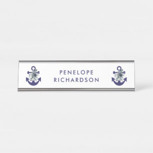 Nautical Flowers   Navy Blue Floral Anchor Desk Name Plate