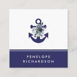 Nautical Flowers Navy Blue Floral Anchor Square Business Card