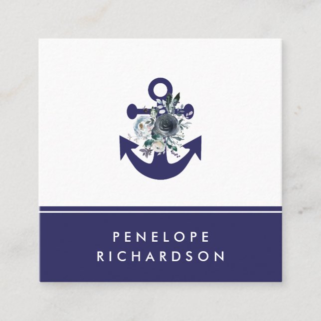 Nautical Flowers | Navy Blue Floral Anchor Square Business Card (Front)