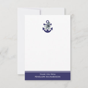 Nautical Flowers Navy Blue Floral Anchor Thank You Card