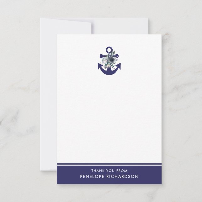 Nautical Flowers | Navy Blue Floral Anchor Thank You Card (Front)