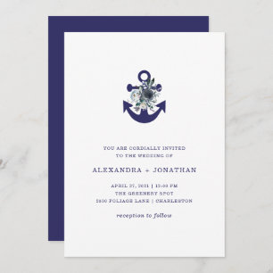 Nautical Flowers Navy Blue Floral Anchor Wedding Invitation