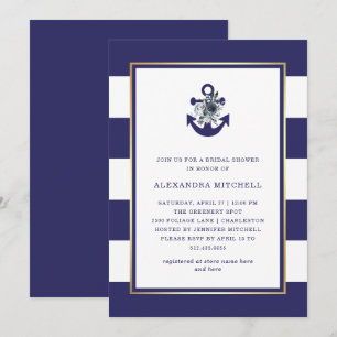 Nautical Flowers   Navy Blue Floral Bridal Shower Invitation