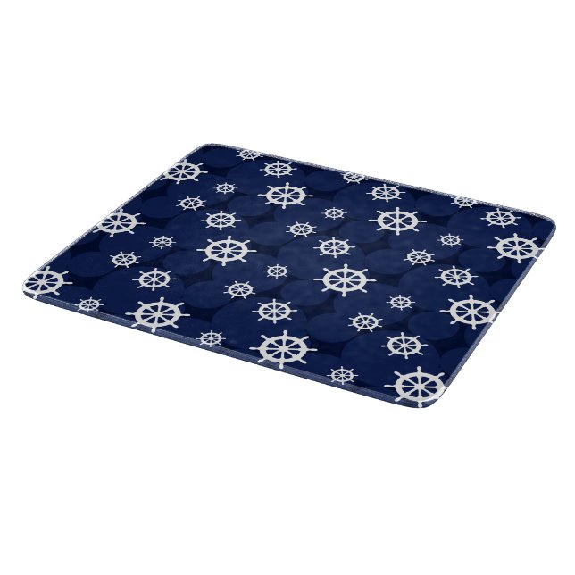 Nautical Galley Ships Wheels Navy Blue and White Cutting Board (Corner)