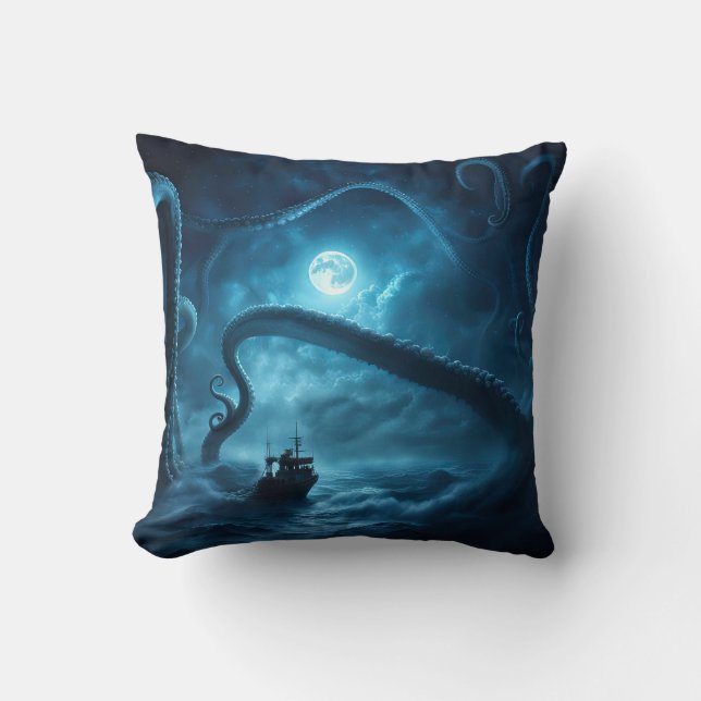 Nautical Giant Octopus and Boat Mysterious Cushion (Front)