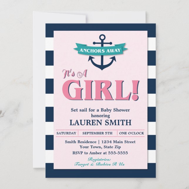 Nautical Girl Anchor Baby Shower Invitation Card (Front)