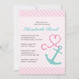Nautical Girl Baby Shower Anchor w/ Heart Rope Invitation