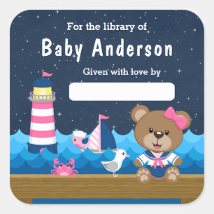Nautical Girl Bear Pink and Navy Baby Bookplate Square Sticker