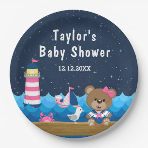 Nautical Girl Bear Pink and Navy Baby Shower Paper Plate