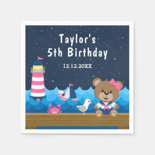 Nautical Girl Bear Pink and Navy Birthday Party Napkin