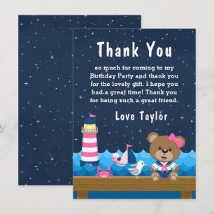 Nautical Girl Bear Pink and Navy Birthday Party Thank You Card