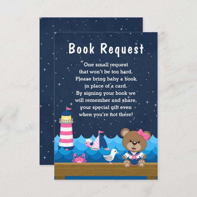 Nautical Girl Bear Pink and Navy Book Request Enclosure Card (Front/Back)