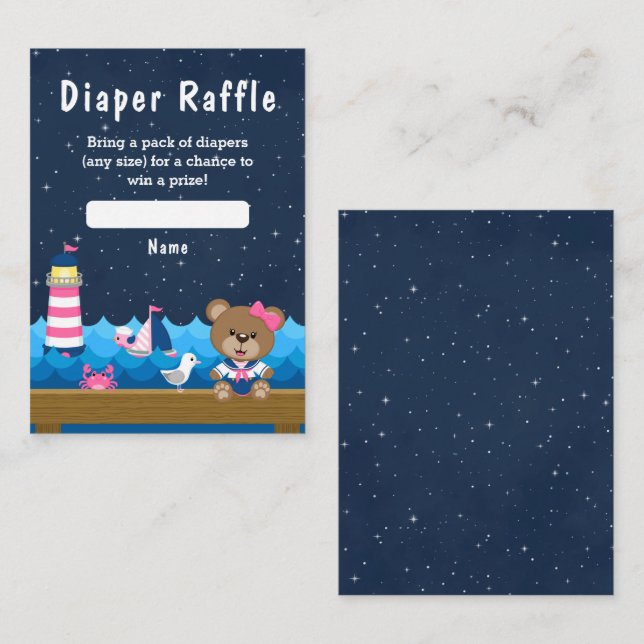 Nautical Girl Bear Pink and Navy Diaper Raffle Enclosure Card (Front/Back)
