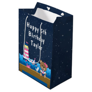 Nautical Girl Bear Pink and Navy Happy Birthday Medium Gift Bag