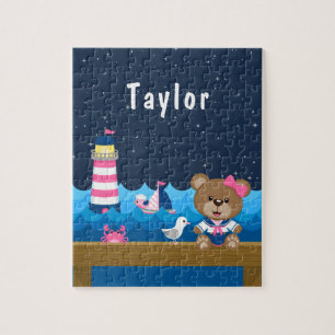 Nautical Girl Bear Pink and Navy Jigsaw Puzzle