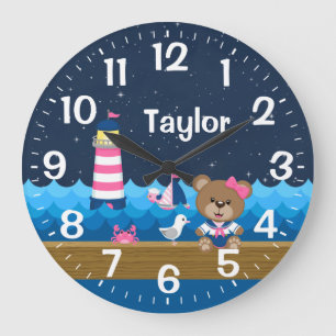 Nautical Girl Bear Pink and Navy Large Clock