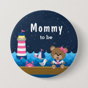 Nautical Girl Bear Pink and Navy Mummy To Be 7.5 Cm Round Badge
