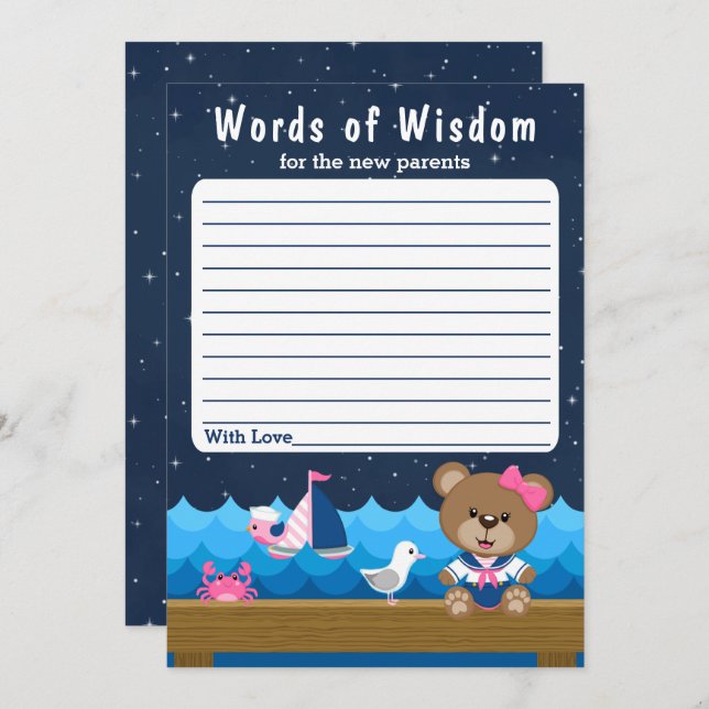 Nautical Girl Bear Pink and Navy Words of Wisdom Invitation (Front/Back)