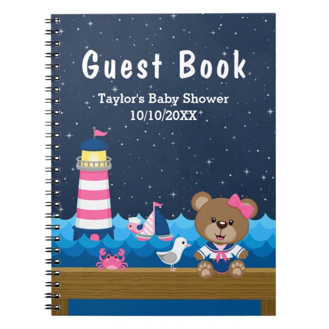 Nautical Girl Bear Pink Baby Shower Guest Book (Front)