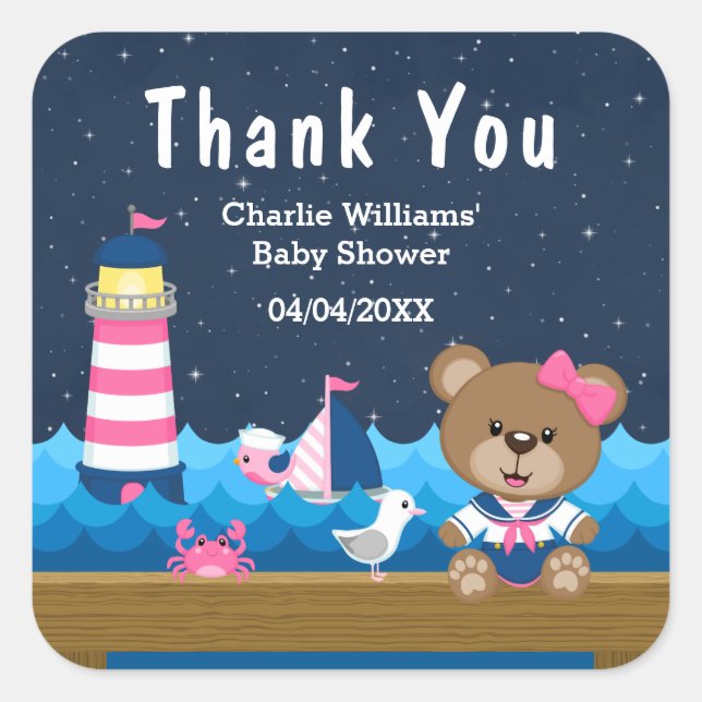 Nautical Girl Bear Pink Baby Shower Thank You Square Sticker (Front)