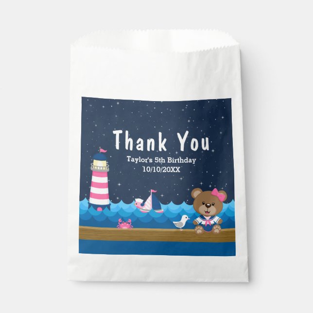 Nautical Girl Bear Pink Birthday Party Thank You Favour Bag (Front)