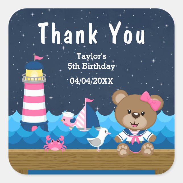 Nautical Girl Bear Pink Birthday Party Thank You Square Sticker (Front)