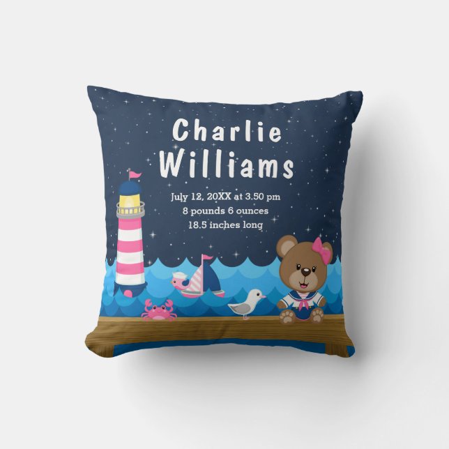 Nautical Girl Bear Pink Navy Birth Statistics Cushion (Front)
