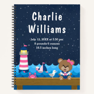 Nautical Girl Bear Pink Navy Birth Statistics Notebook