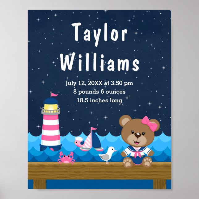 Nautical Girl Bear Pink Navy Birth Statistics Poster (Front)