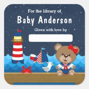 Nautical Girl Bear Red and Navy Baby Bookplate Square Sticker